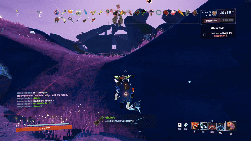 Captain from Risk of Rain 2 shoots a shotgun at a bell-like robot in a purple field. A missile fires at the contraption, causing lightning to arc from it to nearby floating fireball enemies.