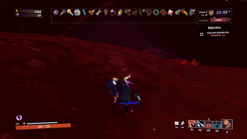 Captain from Risk of Rain 2 destroys monsters simply by walking near them in a hellish cavern. Lightning arcs from the Captain, and a missile fires from his back just after.