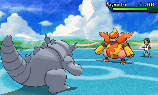 The pokémon Rhydon, a bipedal rhino made of stone roars, and the ground turns to brown cracked stone which rumbles and moves up and down. Several seconds later the rhydon's opponent, the pokémon magmortar which resembles a large, round bipedal dinosaur made of flames, flinches from the attack.