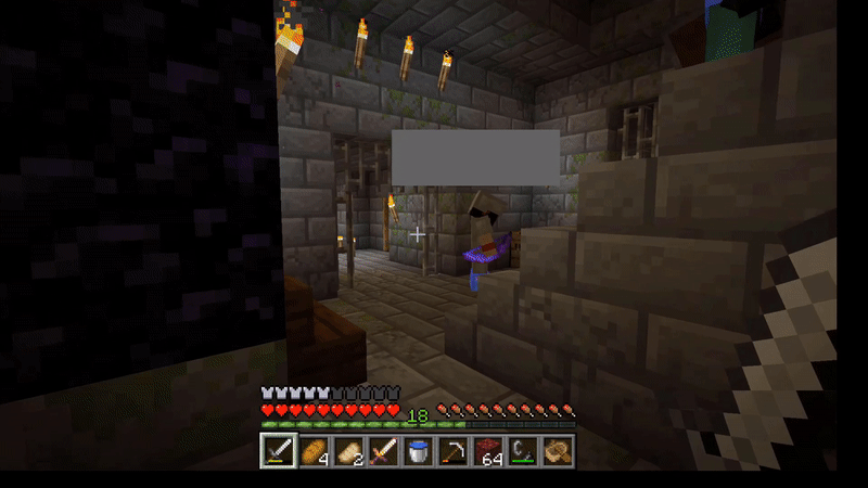 Blocky minecraft guys in armor run around an enclosed space made of gray bricks. There are boxes, chests, and supplies piled around the room. One guy runs up a staircase at room's center and repeatedly crouches and stands.