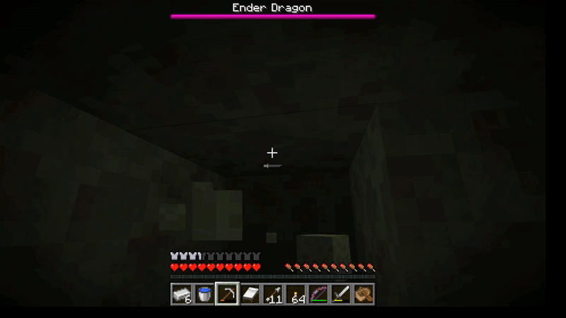 From a first person perspective, a person digs into the side of a stone wall with a pickaxe, then further up to reveal purple sky above the dug hole. Outside the whole, several blocky minecraft guys scramble around a pool of purple fiery gas.