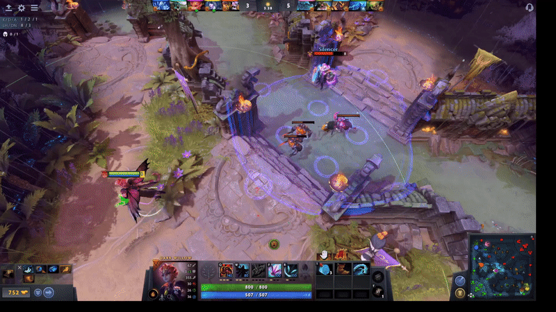 Birds eye view of a tropical rain forest. A fairy becomes surrounding in shadows as a wizard is caught in a bramble patch. A wisp flies around the fairy and attacks the wizard, before the fairy throws her own projectile, but it fails to kill the wizard.