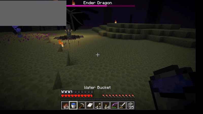 From a first-person perspective, a person runs up to a roosted Black dragon made of cubes and places a white bed on the ground, which then promptly explodes in their face, catapulting them into the sky.