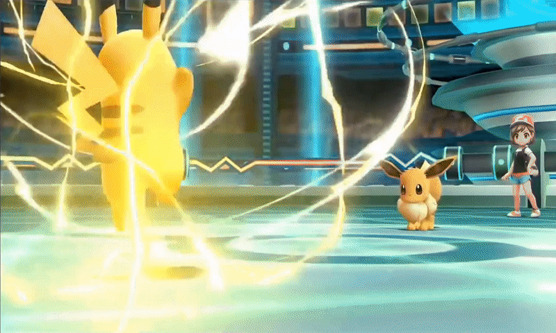 The pokémon pikachu, a yellow mouse, shoots lightning into the sky, which roils in the clouds before falling onto pikachu's opponent, a small brown fox-like pokémon called eevee, in a column of lightning.

The same scene plays out again, but this time edited down with bits and pieces of the animation sped up.