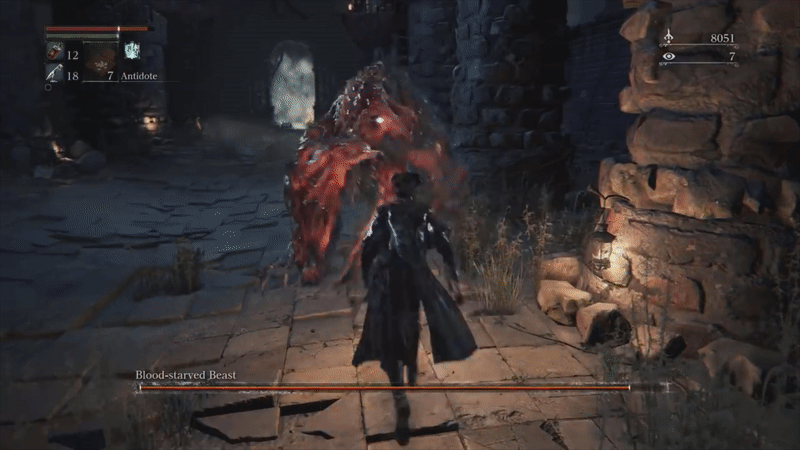 A hunter in a long black coat and tricorn hat is struck multiple times by a vaguely humanoid skeletal beast, then backs away. He injects himself in the outer thigh with something, then dodges out of the way as the beast tries to bite him.