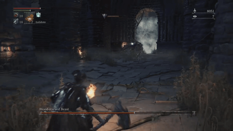 A hunter in a long black coat and tricorn hat runs at a semi-humanoid skeletal beast, who charges at him on all fours, before wildly swiping at the air with large claws.