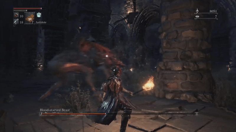 A hunter in a long black coat and tricorn hat strikes a vaguely humanoid skeletal beast with an overhead swing of a large battleaxe. The beast reels, but then assumes a steady, wide stance, before leaping at the hunter, who barely dodges out of the way.