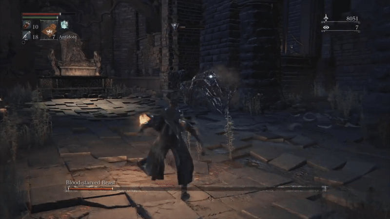 A hunter in a long black coat and tricorn hat fires his pistol repeatedly at a vaguely humanoid skeletal beast as it mills about on the floor. After a moment, it screams and rears up, a cloud of toxic mist emanating from its body and its wounds.