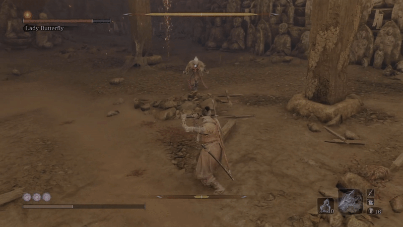 A ninja man in a red coat and scarf clashes swords with an old woman ninja dual wielding kunai. She jumps from a hidden wire connected to the walls of a crypt-like cellar. Her attacks are deflected repeatedly by the red-coat ninja before losing her stance and being stabbed.