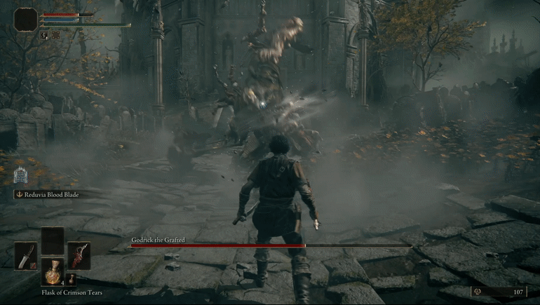 In a castle courtyard, a huge man made of many limbs grotesquely frankenstein'd together leaps into the air riding on a whirlwind and slams his axe down, but his target, a thief, dodges out of the way, then stabs his exposed body several times, causing the hulking man to gush blood, and fall onto his knees.