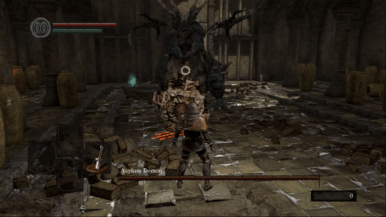 A rotund demon in a crumbling ruin swings a mighty hammer at a thief, he dodges the swing and rolls behind the demon with ease. The demons stands there for a moment, then swings his hammer feebly in front of him, unable to reach the thief.