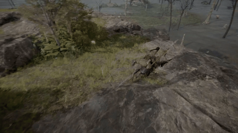 A warrior astride a horned horse jump off of a cliff from grassland into a shallow lake. The horse lands gracefully and harmlessly.