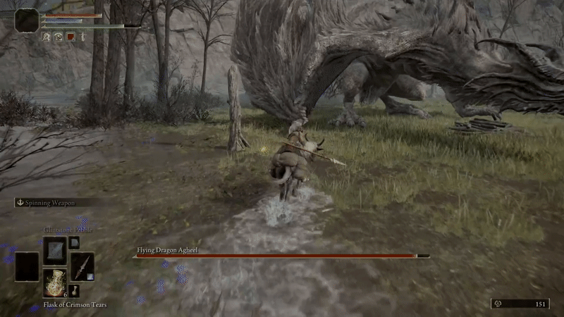 A warrior astride a horned horse pass in front of a gray dragon, which angrily bites at the duo, drawing blood. The horse stumbles, but quickly composes itself and rides on, warrior still in tow. 