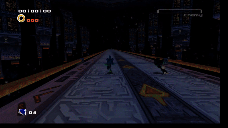 Sonic the Hedgehog runs alongside the menacing Shadow the Hedgehog as "Shadow" is spelled across his image. The two speed down a scifi highway amidst meteorites and space colony towers against the black of space.