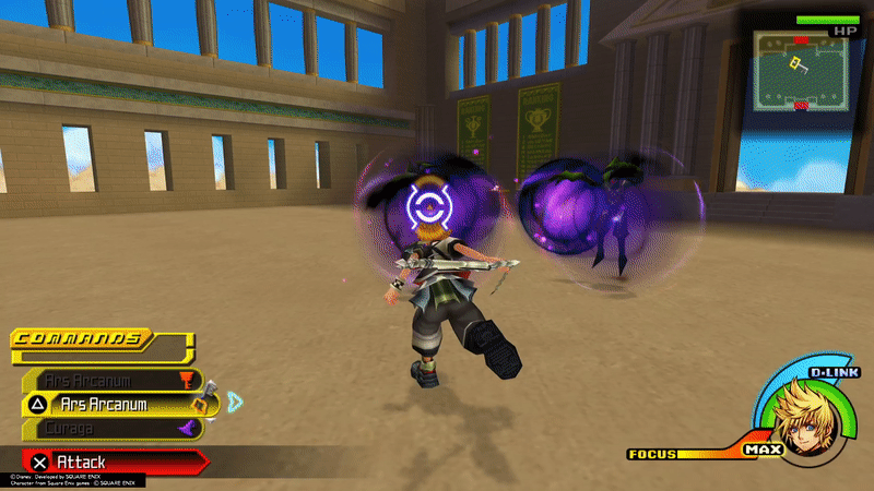 Ventus from KH BBS slashes at green impish enemies on the ground. In the bottom left corner, the command deck can be seen.