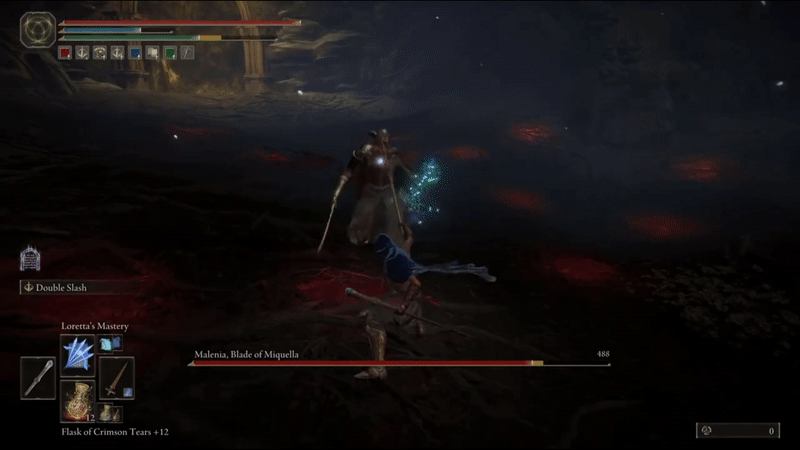 A woman in a blue hood runs her spear through the chest of a taller woman with red hair and golden Valkyrie garb, the stabbed Valkyrie falls onto her back in a pool of blood as the spear is removed.