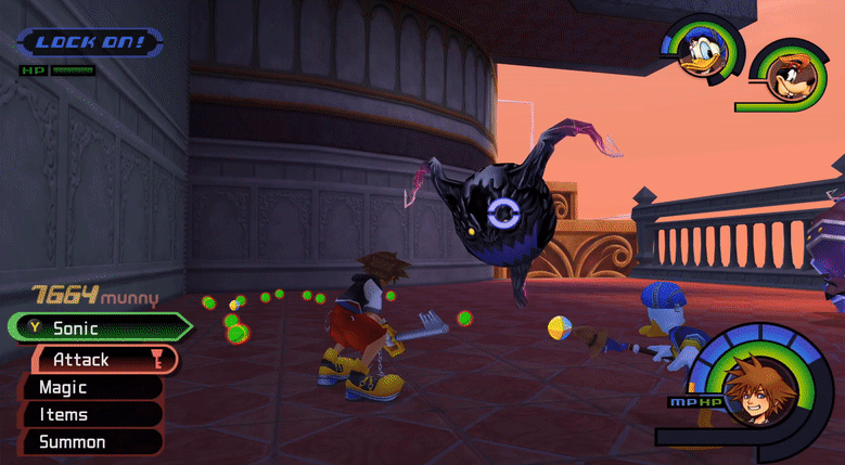 Sora from Kingdom Hearts 1 blocks an attack from a dark ball with a mouth. Immediately, he counters with a series of fast strikes in the air. He loses altitude with each strikes, and ends his combo standing on the ground.