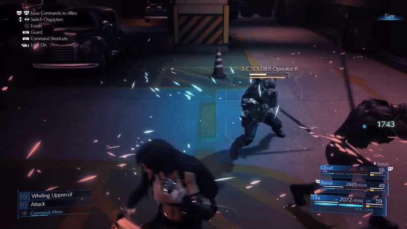 Cloud, Tifa, and Barret from Final Fantasy 7, beat the stuffing out of a soldier in a sci-fi wearhouse. The action pauses mid-fight, in dramatic slow-mo fashion, then the beatdown resumes.