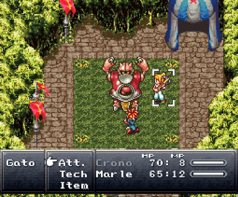 A red-haired young swordsman teams up with a blonde young woman with a crossbow to fight a large red robot in a festival courtyard. The swordsman strikes, but is immediately countered by the robot, who unleashes a spring-loaded boxing glove fist from a compartment in his chest.