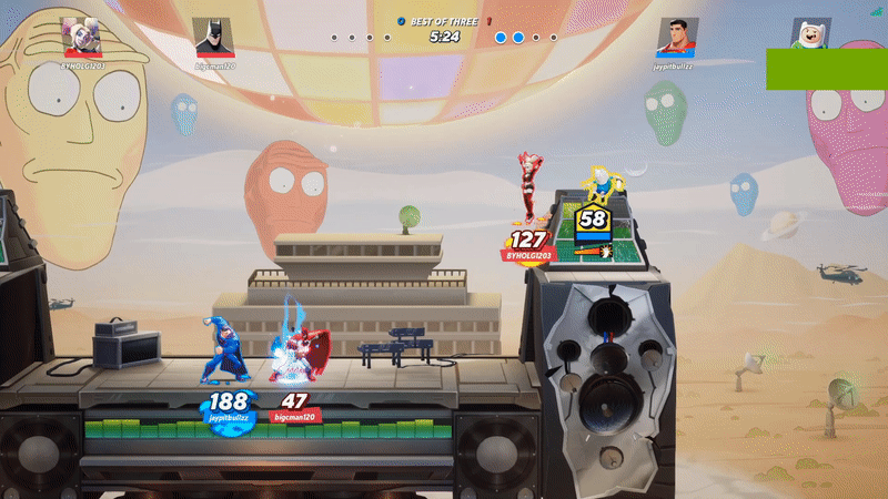 Finn and Superman team up to fight Batman and Harley Quinn on a concert stage from the show Rick and Morty