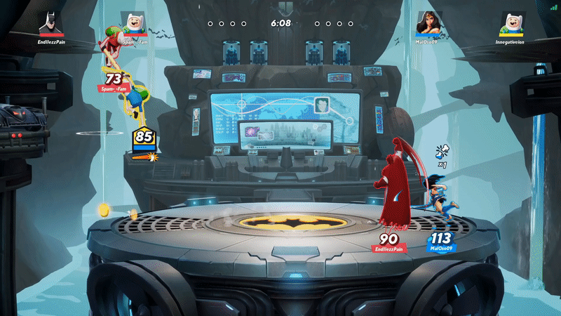 Two Finn(s) The Human, Batman, and Wonder Woman duke it out in a 2D bat-cave themed arena. The Finns slash their swords, Batman throws punches, and Wonder Woman bashes with her shield as gouts of steam erupt from the ground.