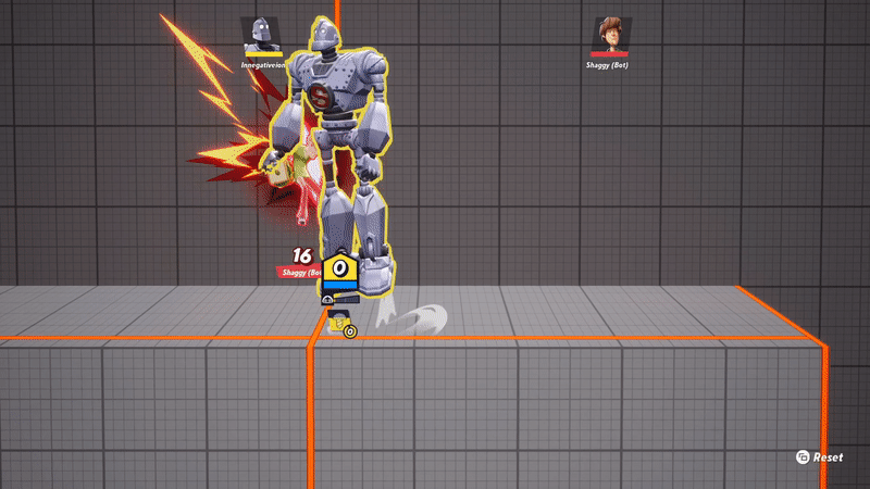 The Iron Giant, a massive robot, picks up and throws Shaggy from Scoobie Doo, before jumping on him in a grid-lined empty arena.