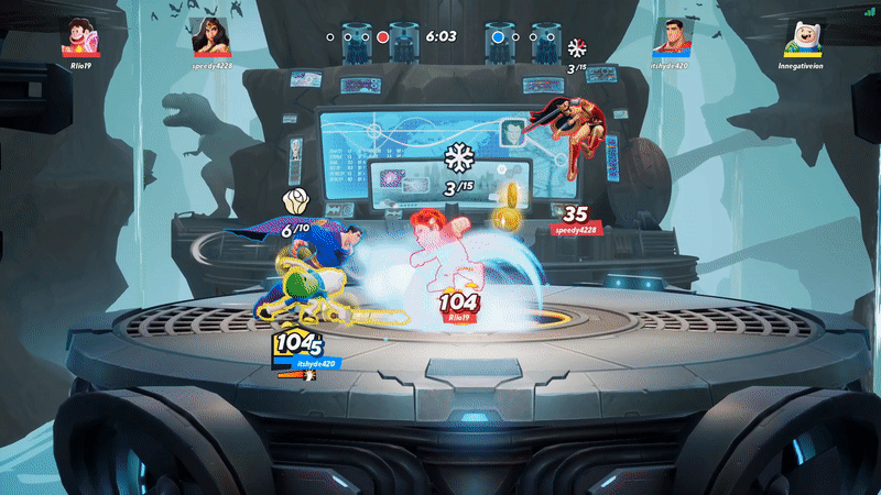 Superman and Finn The Human from Adventure Time team up to fight with Wonder Woman and Steven Universe. Superman's ice breath slows so Finn can followup, and Stephen creates a barrier with his shield for Wonder Woman.