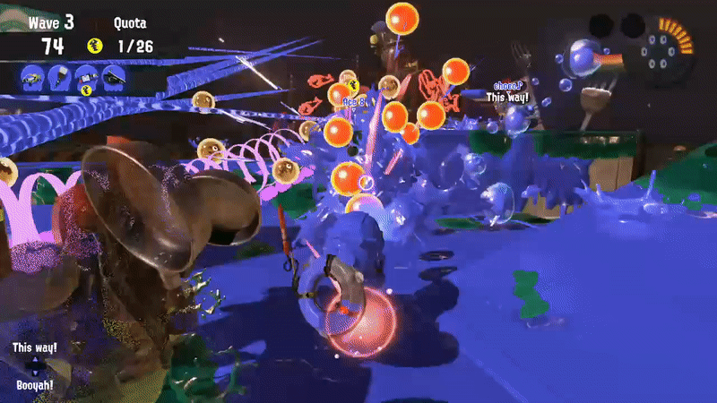 An octopus girl is surrounded by fireflies as she picks up a golden egg with a net. She swims through blue ink to escape a frenzied mosh pit of enraged salmon, who flail at her with frying pans. She swims frantically away.