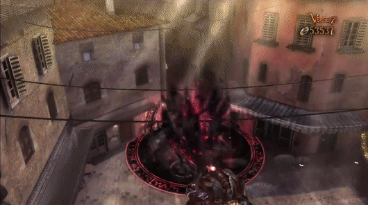 A demonic dragon head made of black hair appears from a purple portal in quaint yet abandoned European town, and violently bites into a strange reptilian creature, spraying blood every as the dragon jostles the limp creature about, before biting down hard, reducing it to spatters.