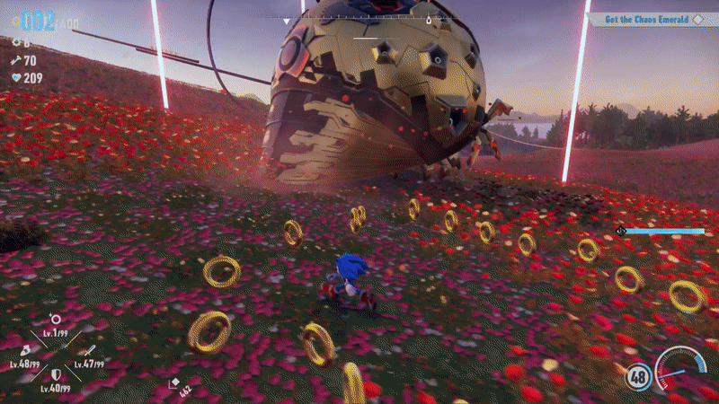 Sonic repeatedly punches, kicks, and spins at a red light affixed to the back of a giant robot beetle.