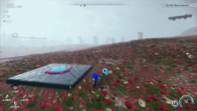 The blue hedgehog Sonic runs at high speed through a field of red and white flowers, wind whipping past him as he goes. He hops over a rail, and ducks to slide beneath another one.