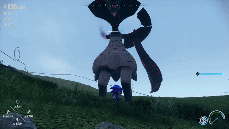 A giant three-armed robot slams the ground in front of Sonic with its hand. Sonic boosts and dashes up the arm, before slimming into the hinge that connects the arm to the top of the robot, and punching it until it explodes.