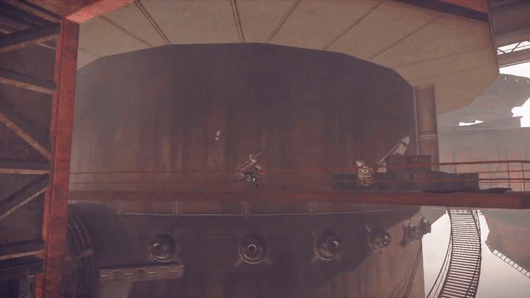 A woman in a black dress with two massive katanas on her back, 2B from Nier: Automata, leaps through the air across a rusted metal scaffold to grab a ladder. She hops up the rungs with great speed, then jumps another scaffold to another ladder.