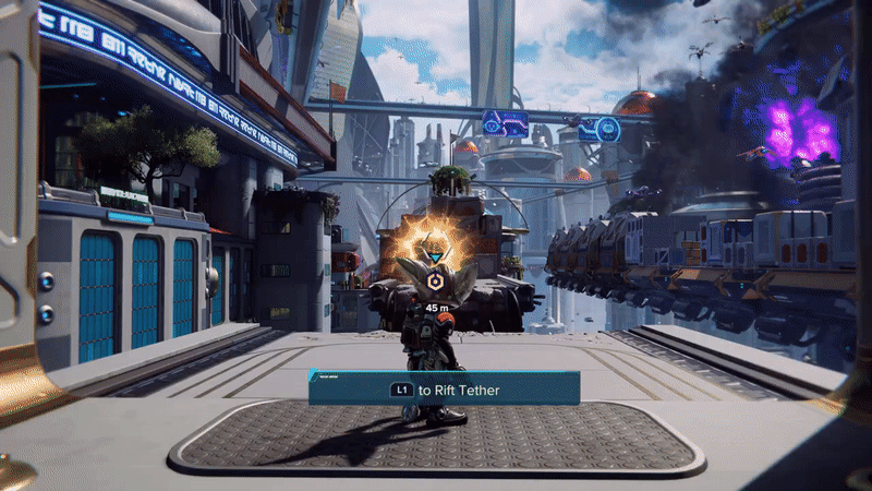 A small armored alien, Ratchet from Ratchet and Clank, traverses a small gap in a broken bridge amidst a futuristic sci fi metropolis. He does so using an energy tether thrown into a rift portal.