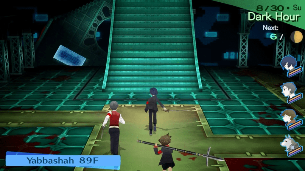 Three Japanese students in uniform run down a dreary hallway lit with a sickly aqua green light. The surrounding decor is twisted and abstract. There are blood stains on the floor. A staircase is ahead.