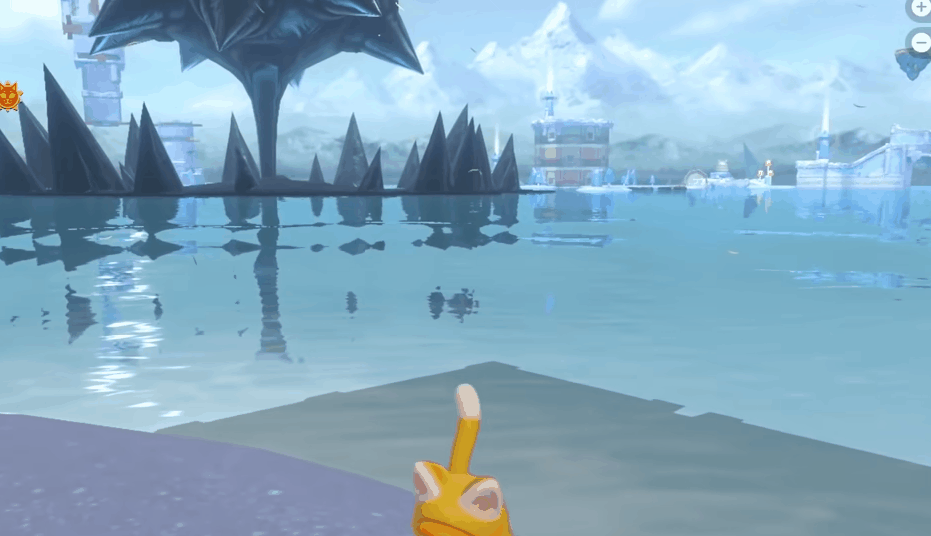 Mario, in a cat costume, checks his map near a shoreline. The map obscures the screen. When the map fades, an orange plesiosaur is waiting at the shoreline to pick up Mario for a ride.