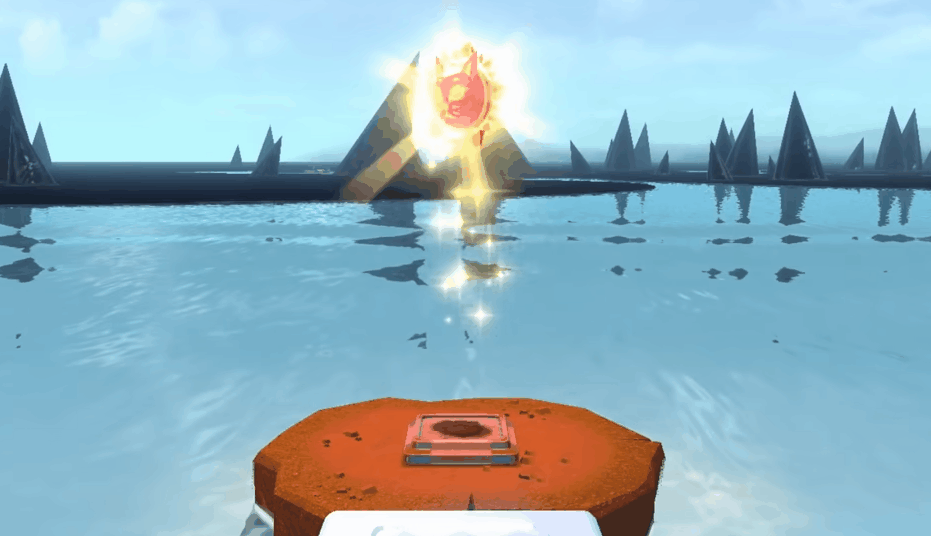 A cat-shaped medallion appears atop a waterfall lined with large block-platforms. Mario, in a cat costume, scampers up the blocks. Suddenly, an orange plesiosaur is at the top of the waterfall waiting, as Mario arrives.