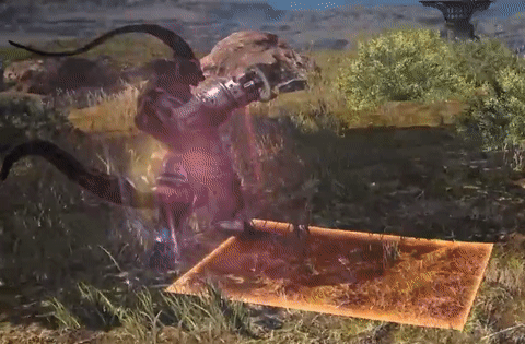 A muscular lizard man with brass knuckles strikes an intimidating pose. A bright orange rectangle appears on the ground in front of him. After a moment, he strikes at the air, sending a shockwave over the highlighted area.