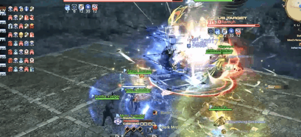 An army of adventurers pelt a giant flying centaur with weapon strikes and bolts of magic. The centaur throws two spears into the air, which land on either side of a large platform. One spear is much taller than the other, and this one is struck by lightning.